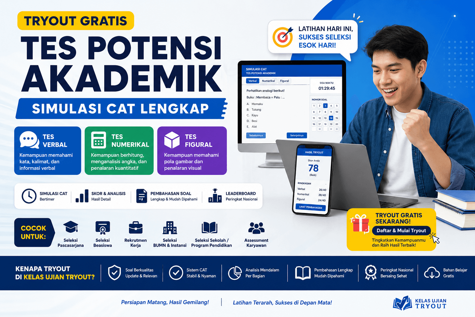 Poster Tryout Gratis Tes Potensi Akademik dengan simulasi CAT tes verbal, numerikal, dan figural