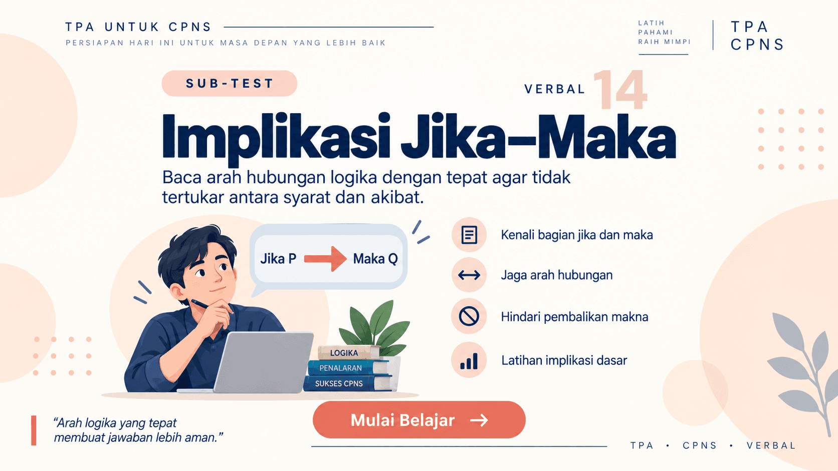 Poster TPA CPNS Sub-test 14 tentang implikasi jika-maka dengan diagram syarat menuju akibat dan peringatan agar tidak membalik arah.