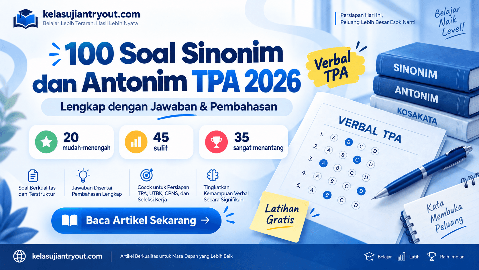 100 soal sinonim dan antonim TPA 2026 lengkap dengan jawaban dan pembahasan