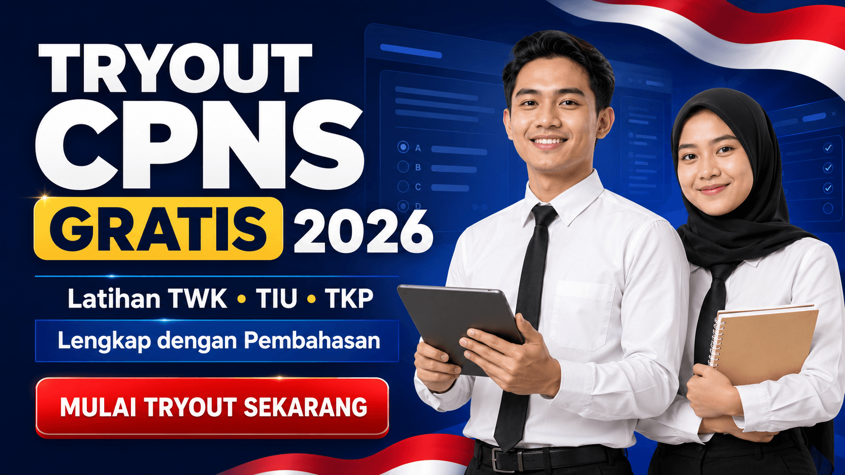 Poster Tryout CPNS Gratis 2026 dengan peserta serta materi TWK, TIU, dan TKP