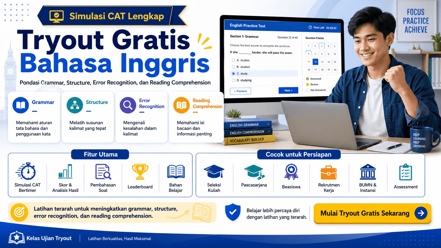 Poster Tryout Gratis Bahasa Inggris dengan simulasi CAT untuk grammar, structure, error recognition, dan reading comprehension