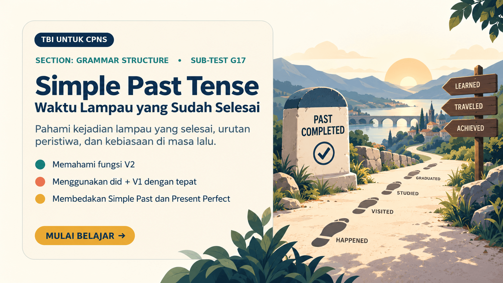 Ringkasan Simple Past berupa checklist waktu lampau selesai, V2, did + V1, dan pemeriksaan akhir.