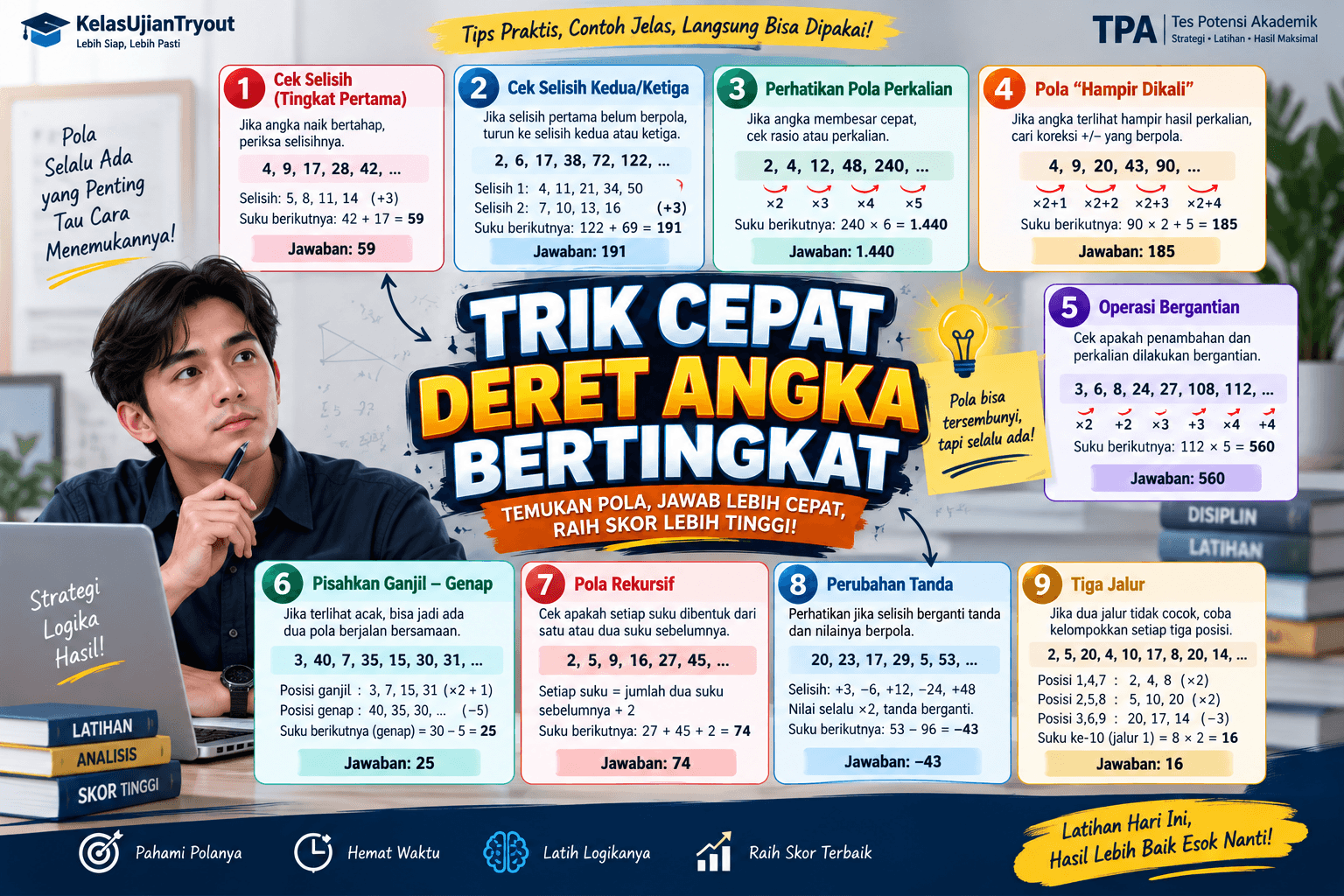 Ilustrasi trik cepat menyelesaikan deret angka bertingkat pada Tes Potensi Akademik